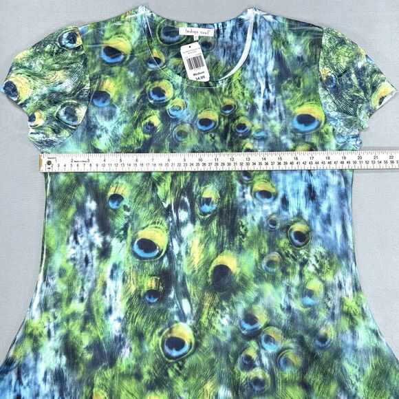Indigo Soul Top Women's Medium Green Blue Short Sleeve Peacock Mesh Boho Shirt - Picture 5 of 15
